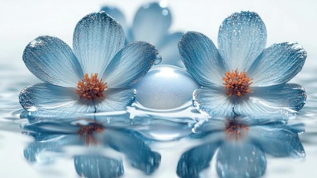 Pair of blue flowers with a pearl situated in the center, used for jewelry or decoration