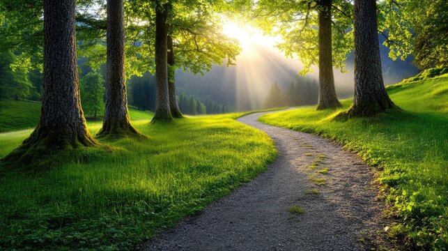 A tranquil summer landscape features a fog-covered beech forest with a winding dirt road surrounded by vibrant green meadows. Nature displays its beauty in every corner