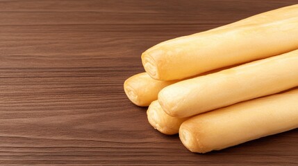 Parmesan cheese breadsticks are elegantly arranged on a rustic wooden surface, showcasing their soft texture and delicious flavor, ideal for culinary menus