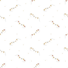Obraz premium Pattern vintage party garland flag, stars. Hand drawn watercolor illustration in childish style. Seamless print in beige red color, isolated from background for packaging textiles wallpaper birthday