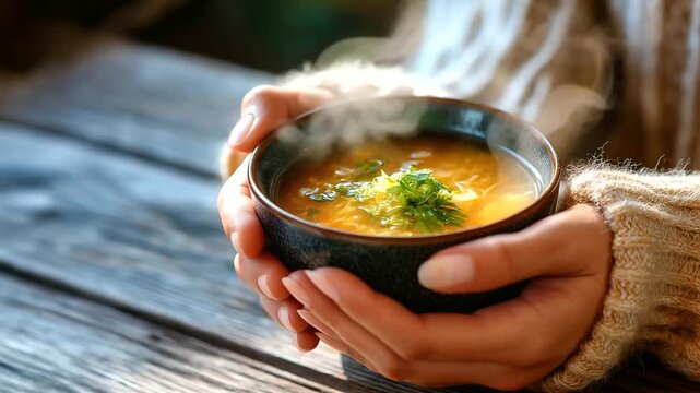 Hands cradling hot miso soup, steam rising, soft morning light on wooden table, comfort warmth, with copy space