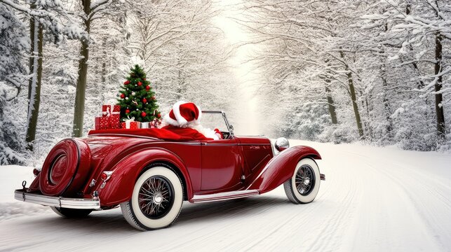 A cheerful Santa Claus is joyfully driving a sleek red convertible adorned with a Christmas tree and colorful gifts while snow gently falls in a winter forest