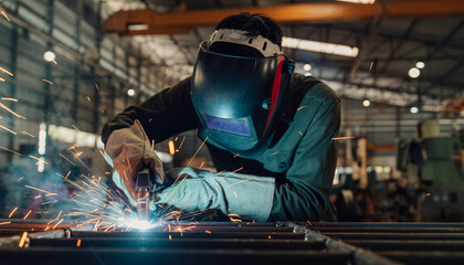Welder in Protective Gear Working on Metal Structure with Sparks