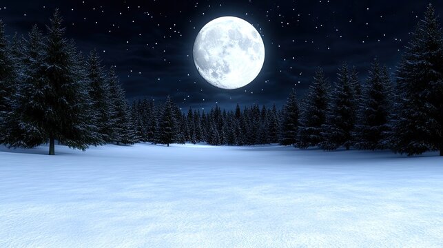 Under a glowing full moon, soft snowflakes fall on a tranquil winter landscape, while Santa's sleigh glides across the starry sky above dark tree silhouettes