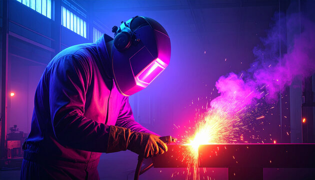Focused industrial welder in a protective helmet fuses steel, creating a brilliant shower of sparks under dramatic neon blue and purple lights