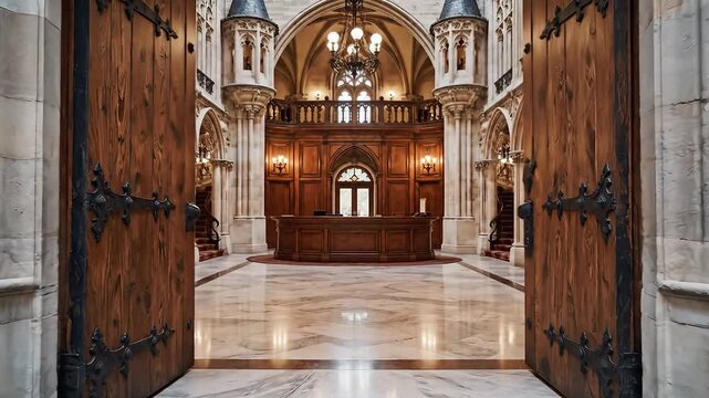Grand Wooden Doors Open to Ornate Interior of Historic Building.
