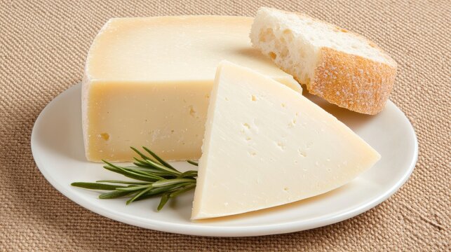 Freshly sliced manchego cheese sits on a white plate, accompanied by artisanal bread and vibrant rosemary, creating a delightful Spanish tasting experience