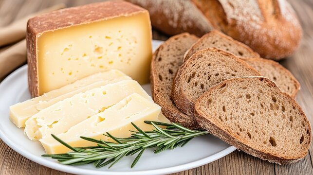 Freshly sliced manchego cheese sits on a white plate, accompanied by artisanal bread and vibrant rosemary, creating a delightful Spanish tasting experience