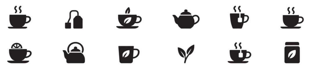 Tea icons vector set. Cup, leaf, packaging, tea bag, glasses, certificate, teapot, cup, icons.Vector illustration