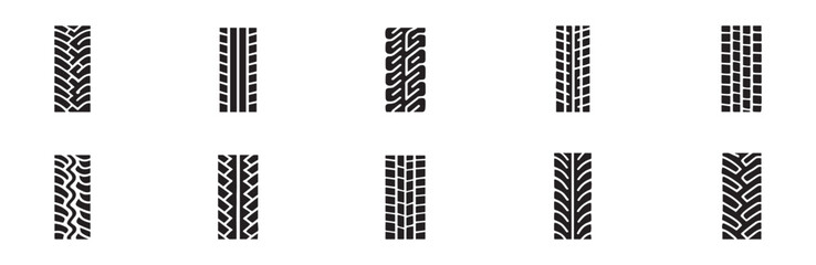 Car tire tracks vector, icon design. Tire tracks, rubber wheels, and braking marks. Truck, car, tread pattern silhouettes. Perfect for auto racing, speed-related designs. Vector Illustration. EPS 10 © Yana