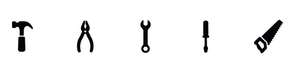 Construction tool icon collection. Instrument icons set. Carpentry work tools sign. Repair and building equipment symbol. Black silhouette. Vector illustration. EPS 10