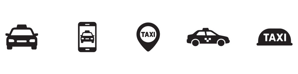 Taxi icon set. Taxi service icon set. Taxi car map pin mark. Black signs of taxi stop place. Vector Illustration. ESP 10	
