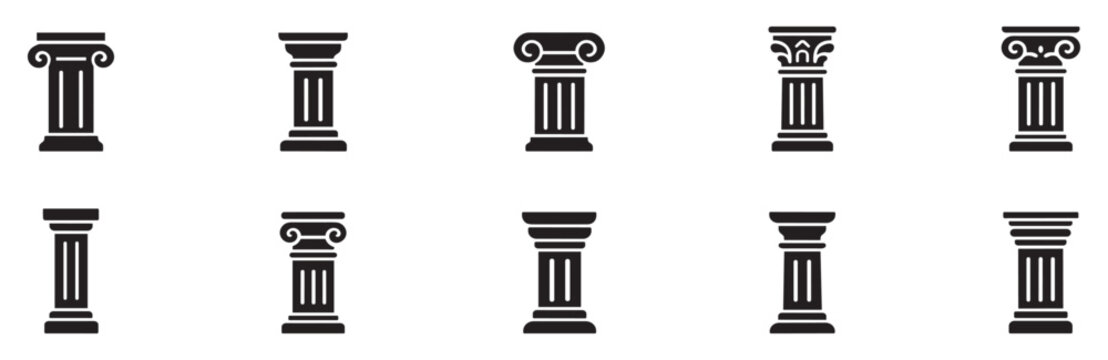 Black column icons. Ancient columns vector icon set. Vector black column icons set on white background. Vector Illustration. EPS 10