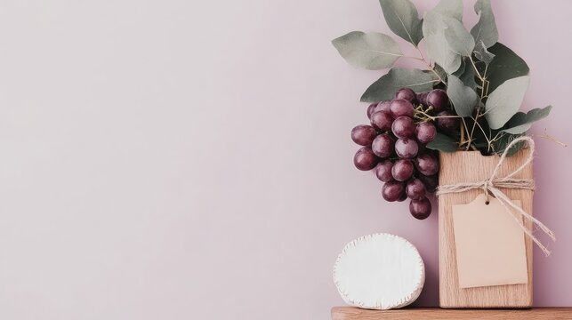 A round Camembert cheese topped with fresh green grapes rests on a wooden board. The soft pastel purple backdrop enhances the minimalist and elegant presentation