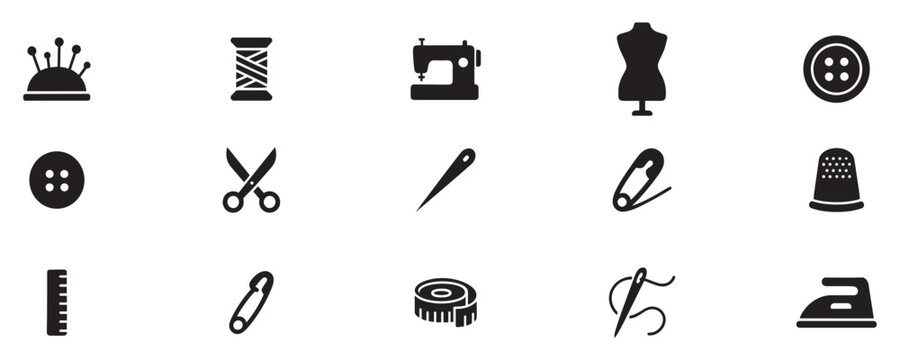 Sewing icons collection. icon set of sewing and tailoring training: needle, thread spool, scissors, other. Vector Illustration. EPS 10