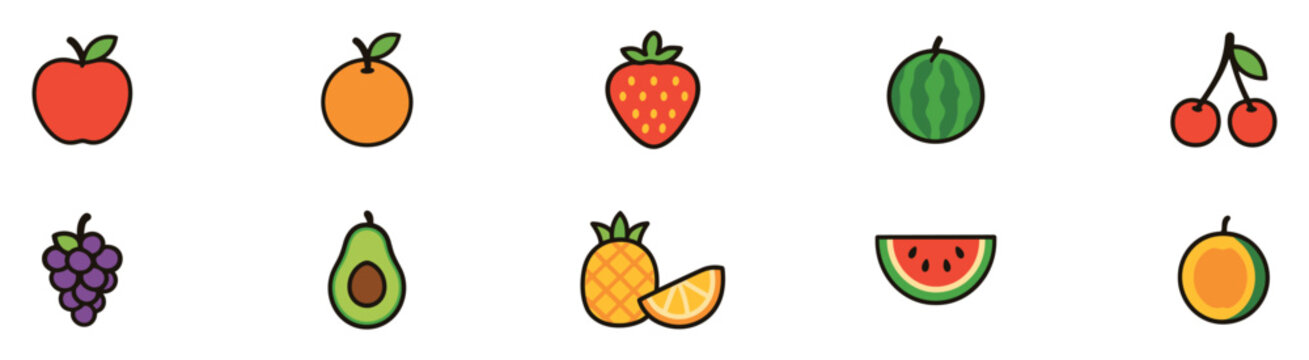 Colorful fruit icon set. Tropical and fresh fruits in flat vector style. Vector Illustration. EPS 10