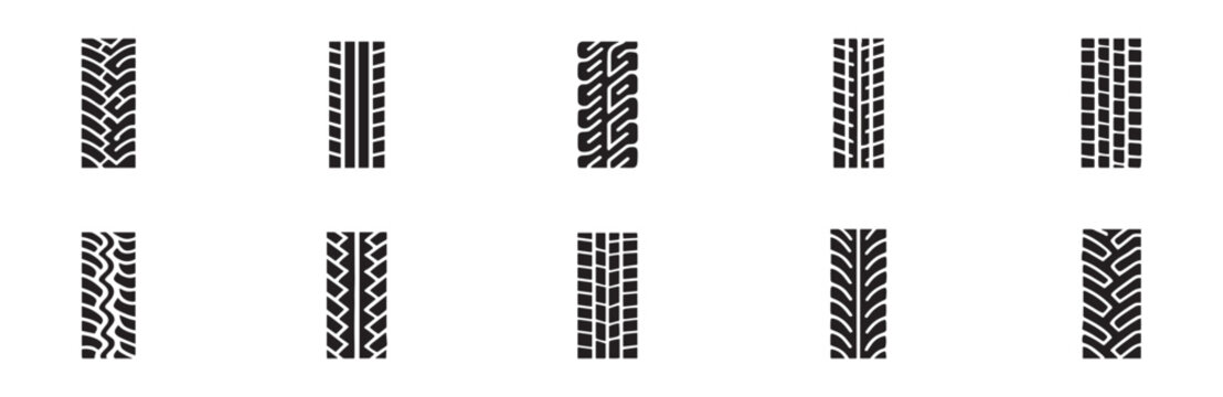 Car tire tracks vector, icon design. Tire tracks, rubber wheels, and braking marks. Truck, car, tread pattern silhouettes. Perfect for auto racing, speed-related designs. Vector Illustration. EPS 10