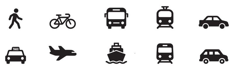 Transport icons set. Auto, bus, train, ship, plane and on foot. Public, travel and delivery transport icons.   © Jeremy_Show