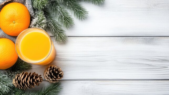 A festive arrangement of tangerines, red envelopes, cinnamon sticks, and pine cones on a white table, ideal for New Year and Christmas with orange juice