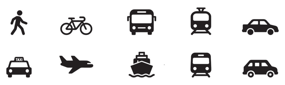 Transport icons set. Auto, bus, train, ship, plane and on foot. Public, travel and delivery transport icons.	
