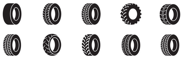 Wheel tires. Car tire tread tracks, motorcycle racing wheels icons and dirty tires track. Vector Illustration © Jeremy_Show