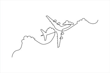 Obraz premium Flying plane through cloudy sky art