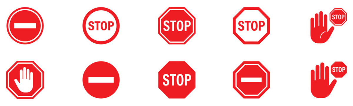 Stop icon set. Stop sign. Stop symbol with hand. Red stop sign icon set. Do not enter. Danger. Traffic signs. Vector illustration. EPS 10