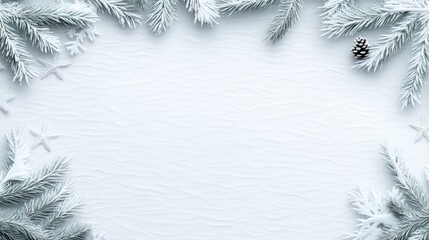 This serene winter landscape showcases snow-covered trees and pine cones, set against a beautiful blue sky, creating a festive atmosphere ideal for holiday themes