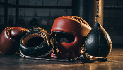 A close-up view of essential boxing gear, including red gloves, protective headgear, and a speed bag, resting on a gym floor before training