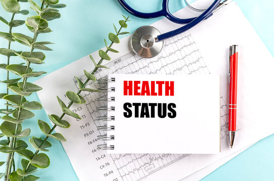 Health status phrase on notepad with stethoscope, red pen and medical charts on light blue background - Powered by Adobe