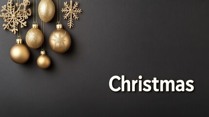 Glistening golden Christmas ornaments and intricate snowflakes hang against a black background, creating a festive atmosphere perfect for holiday promotions and designs