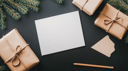 The setup showcases a blank greeting card mockup placed near gift boxes, pine tree branches, and an envelope, creating a cozy holiday atmosphere