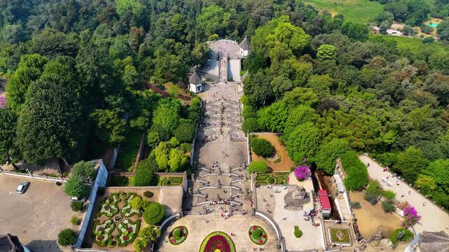 Aerial Cinematic View of Bom Jesus do Monte &mdash; Iconic Baroque Sanctuary and Monumental Staircase Overlooking Braga, Portugal