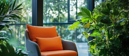 Modern armchair with orange cushions by a bright window, surrounded by green plants, creating a comfortable and natural interior living space.