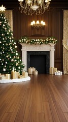 Naklejka premium A beautifully decorated room features a Christmas tree adorned with white lights, gifts on the floor, and a glowing fireplace surrounded by wooden walls creating a festive atmosphere