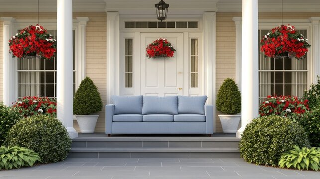 A soothing front porch design showcases a light blue sofa, white door adorned with a floral garland, and elegant marble columns in a serene atmosphere