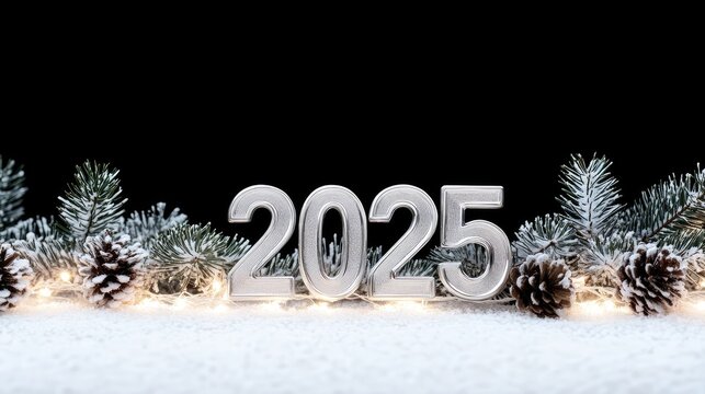 A silver number 2025 rests on a white table adorned with festive decorations and shimmering bokeh lights, creating a warm and joyful New Year atmosphere for celebration