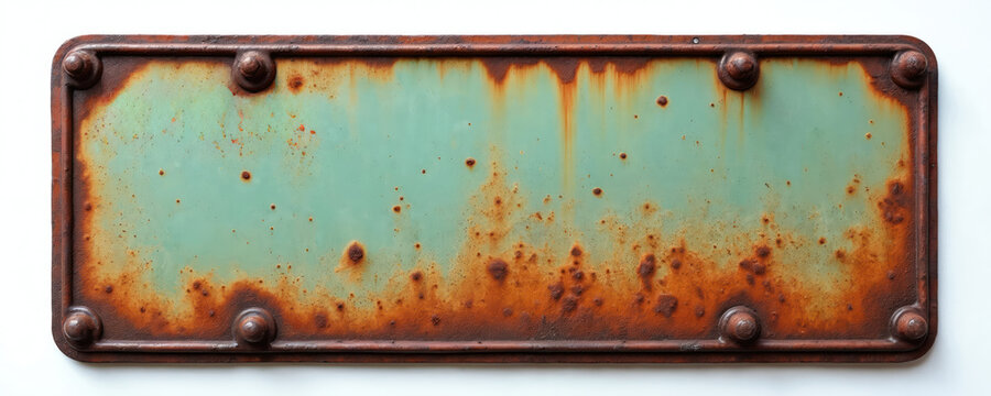 Rusty metal plate with corroded texture and faded turquoise paint. Old weathered surface with bolts, useful for grunge or vintage design backgrounds. - Powered by Adobe