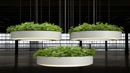 Three elegant pendant lights hang from the ceiling, surrounded by lush greenery, creating a serene atmosphere that enhances the modern indoor decor