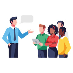 Obraz premium Team meeting with diverse colleagues for effective communication, group discussion on new business ideas, employees standing in circle.