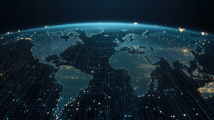 The design features an abstract world map with intricate details, showcasing global network connections, set against a bright white backdrop