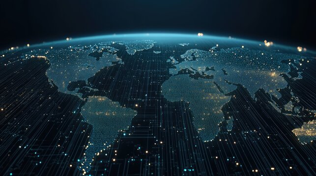 The design features an abstract world map with intricate details, showcasing global network connections, set against a bright white backdrop