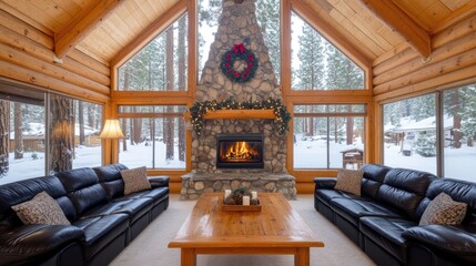 Naklejka premium Warm and inviting, the cabin's living room features black leather couches, a wooden table, and a large stone fireplace, complemented by festive decorations and a snowy landscape outside