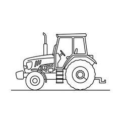 Fototapeta premium Farm equipment illustration depicting tractor on white background for coloring activity. Isolated tractor graphic features a simple design, suitable for children's activity books and coloring pages.
