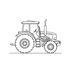 Obraz premium Agricultural machinery presents simple black and white drawing of tractor. Agricultural machinery includes large tires and detailed engine components. Representing farm work,