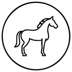 Obraz premium Standing horse outline icon inside a round border. Simple black and white equestrian vector graphic.