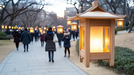 Lanterns glow gently in the night sky, illuminating the faces of people gathered in a lively ancient square street filled with vibrant colors and festive energy