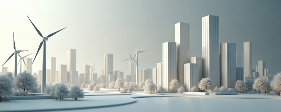 Modern cityscape with wind turbines generates clean energy. White buildings represent future city planning, green eco friendly development. Sustainable urban infrastructure future.
