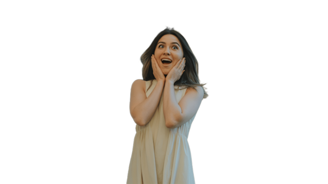 A woman exuding awe and astonishment, hands on her face.