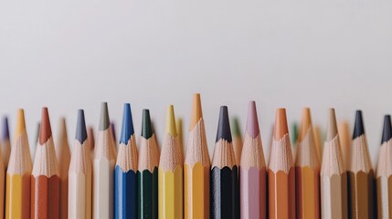 A vibrant collection of crayons is organized in a line, showcasing a variety of colors and textures, perfect for inspiring creativity in artistic projects